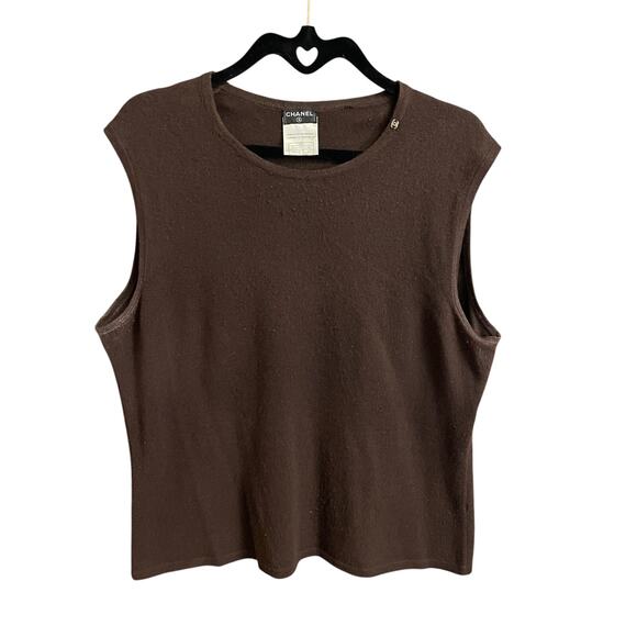 Vintage Chanel Pure Cashmere Dark Brown Rhinestone Logo Tank 48 / US 16 AS IS - Picture 1 of 13